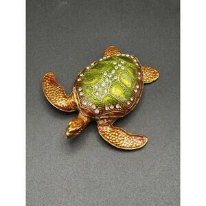 Vintage Turtle Jewelry Trinket Box Hinged and Jeweled Enameled 1970’s